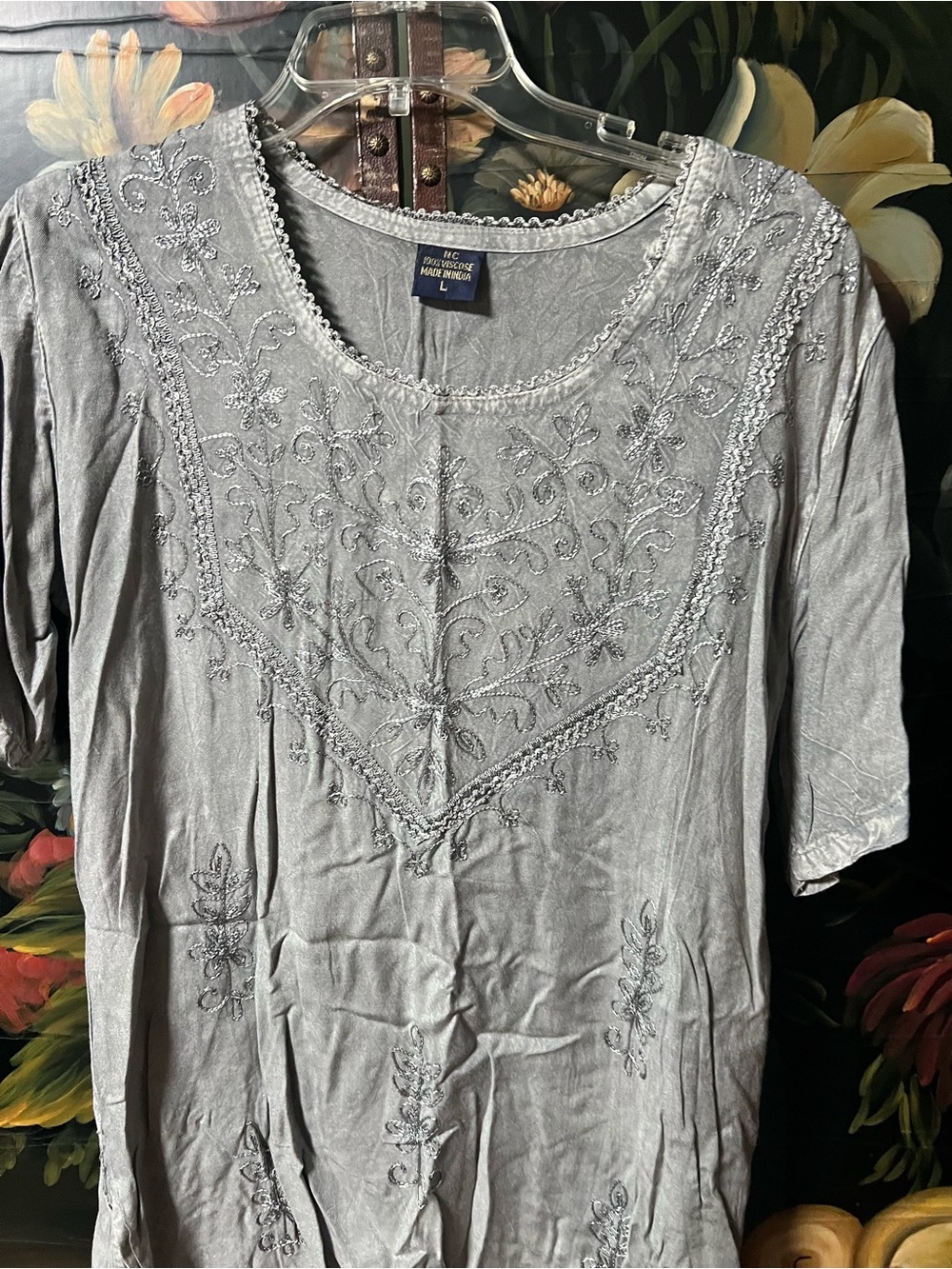 Embroidered Short-Sleeve Tunic Top - Light Gray - Picture 2 of 5